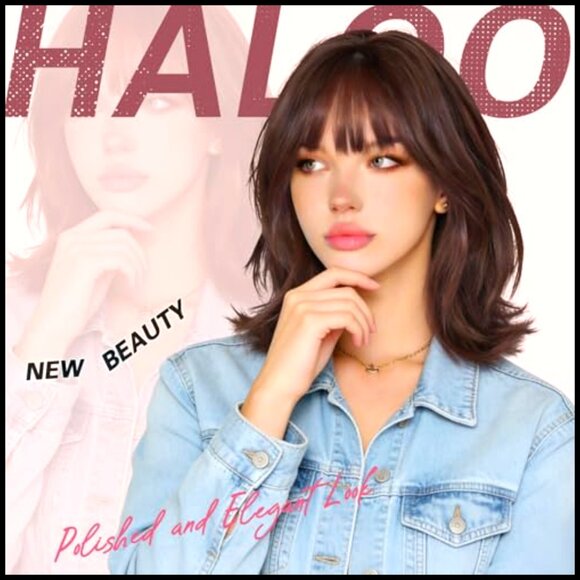 Shoulder Length Wavy Layered Synthetic Wig with Bangs Flipped Ends Daily Party main image 5